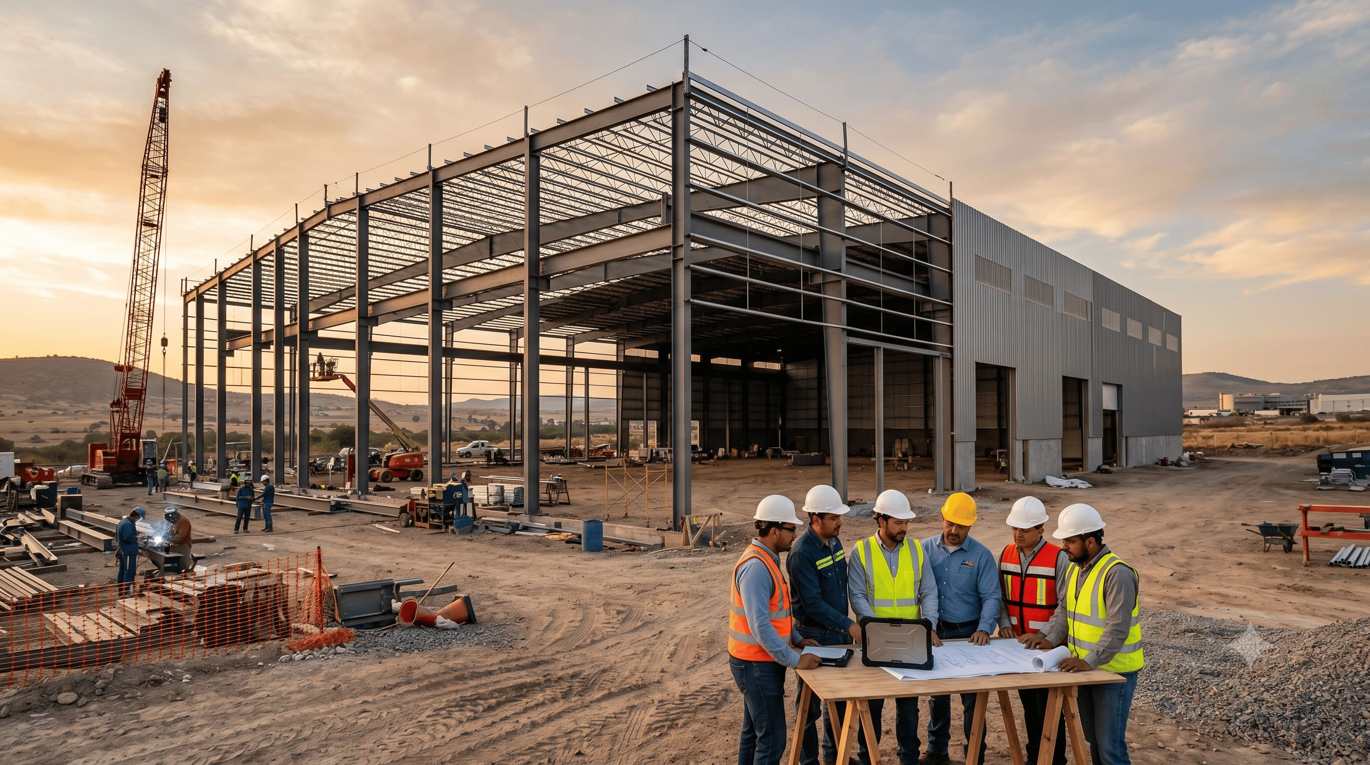Nave industrial de acero en construcción al atardecer en el Bajío, representando el financiamiento acelerado de proyectos industriales